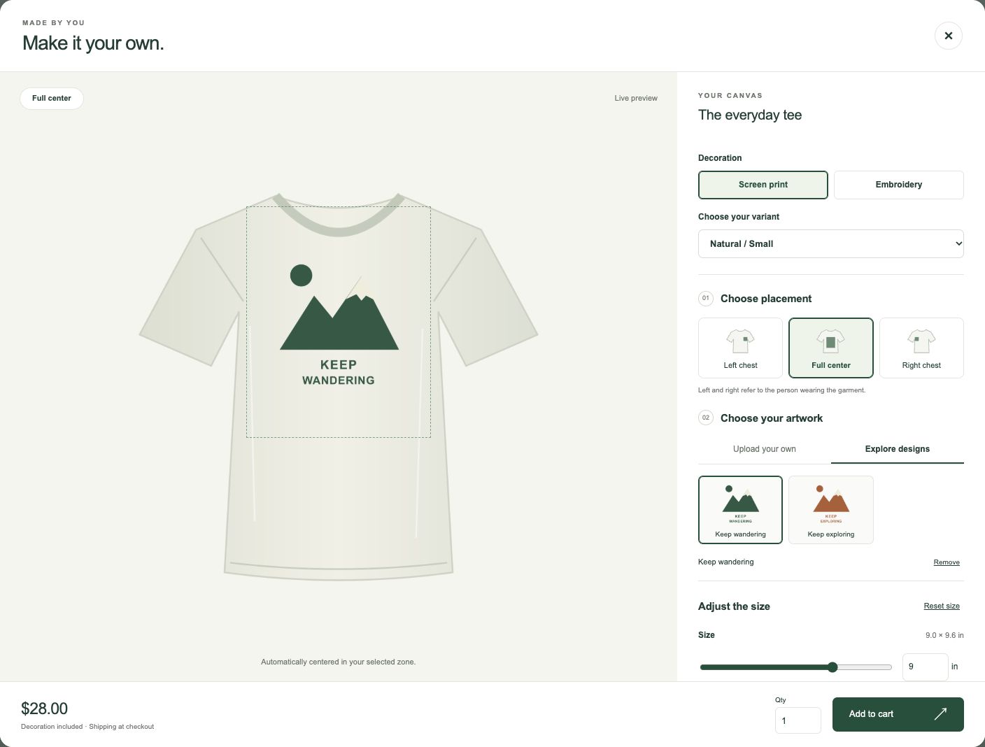 Print Studio's storefront designer with a full-center T-shirt design, artwork library, placement options, and sizing controls.