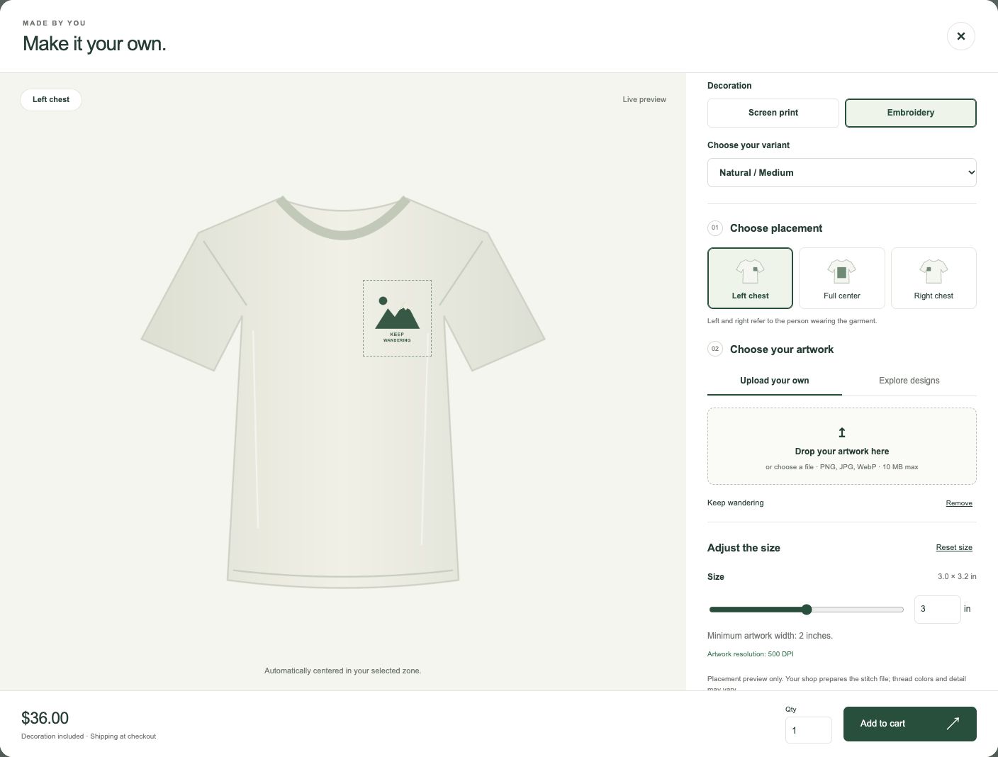 Print Studio previewing left-chest embroidery, with artwork upload, placement choices, and a width input set to 3 inches.